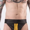 Rob Jockstrap Zippé Bandes Jaunes Cuir 2 Rob Jockstrap Zippé Bandes Jaunes Cuir -Vestiaire Fetish Soldes jockstrap zippe bandes jaunes cuir