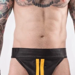 Rob Jockstrap Zippé Bandes Jaunes Cuir