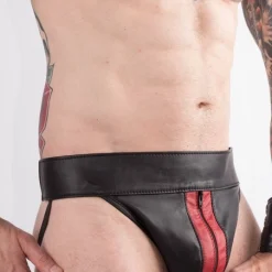 Rob Jockstrap Zippé Bandes Rouges Cuir -Vestiaire Fetish Soldes jockstrap zippe bandes rouges cuir 3